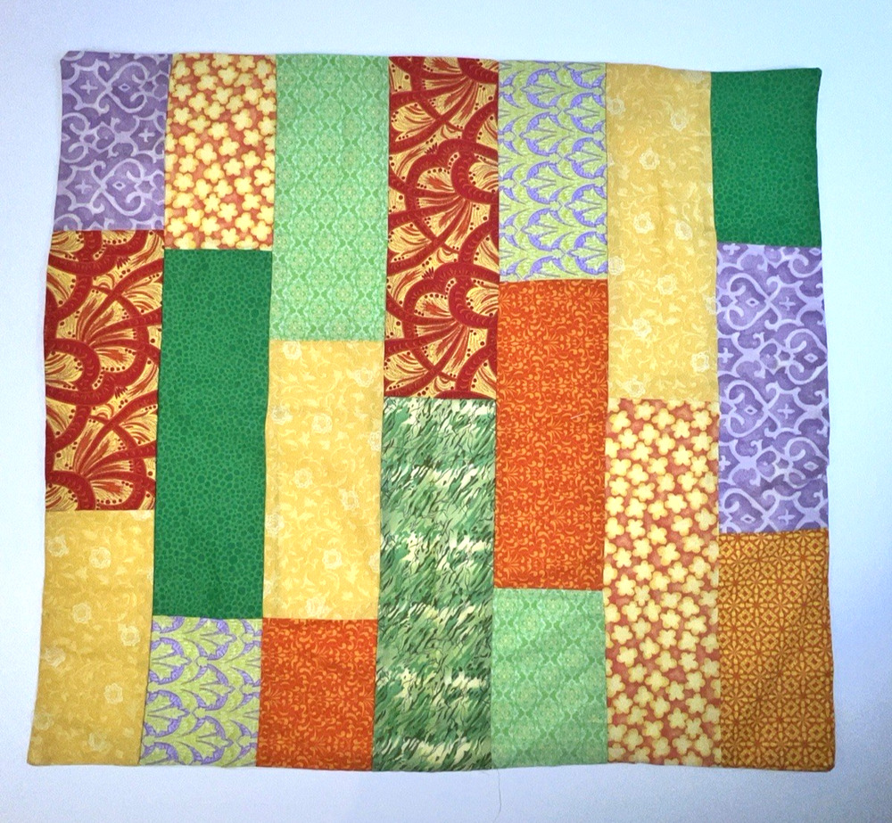 Patchwork Table Topper 24" x 26" Green Yellow Orange Cotton Handmade Home